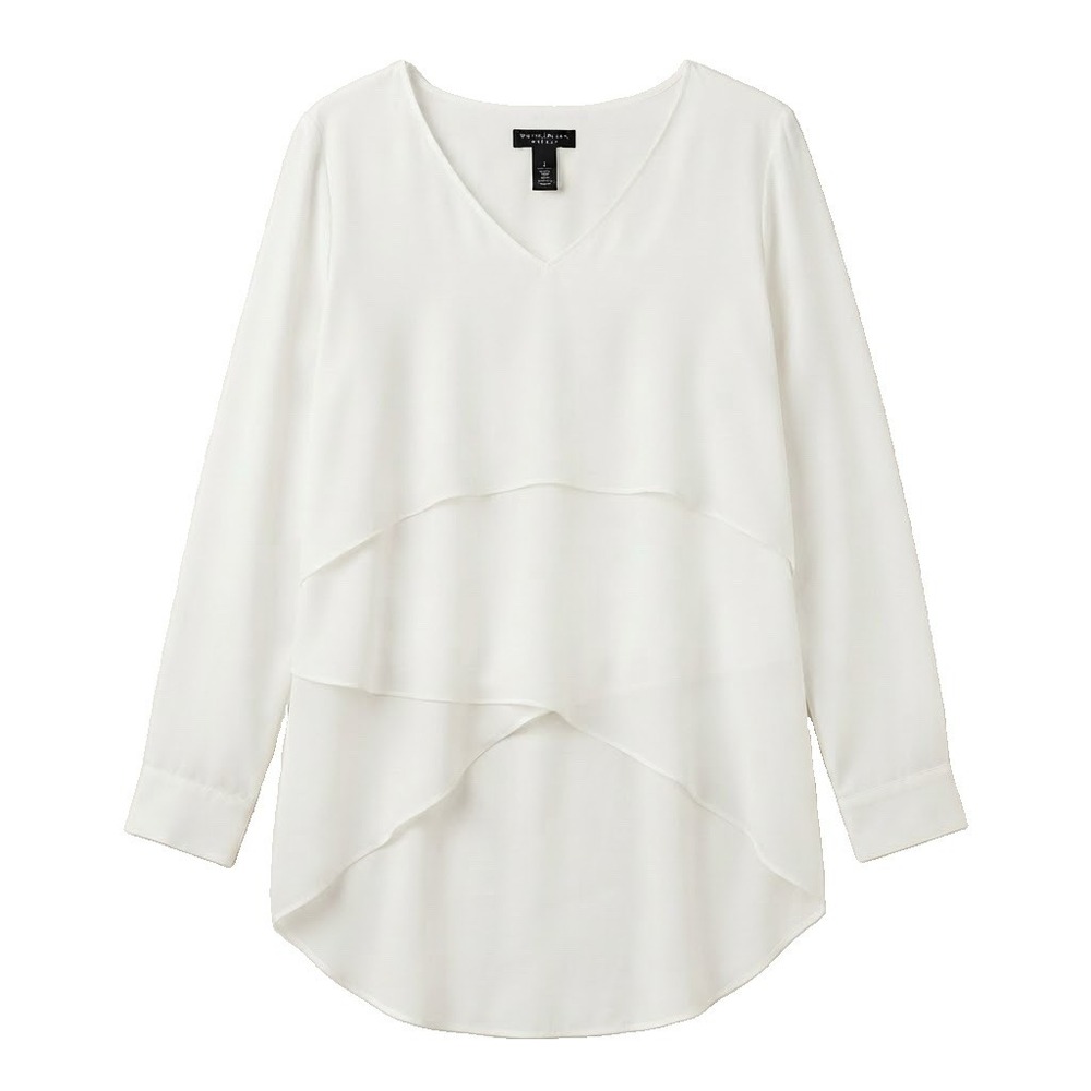 White House Black Market Women's 2 White Asymetric Layered Blouse Button Sleeve